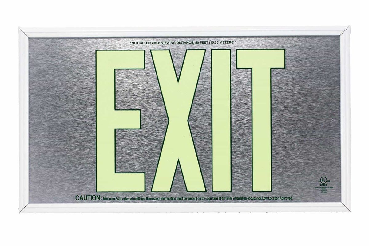 EXIT Sign. Brushed Aluminum. Green Lettering, 50 Feet, Single Sided ...