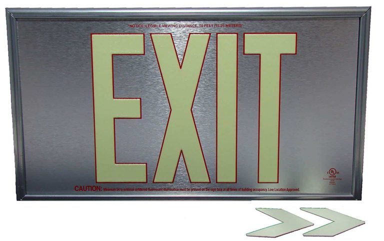 EXIT Sign. Brushed Aluminum. Red Lettering, 50 Feet, Single Sided with ...